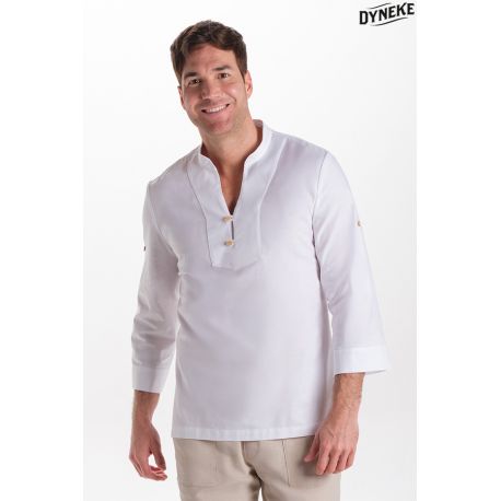 Camisa blanca unisex botón madera