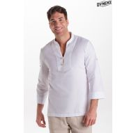 Camisa blanca unisex botón madera