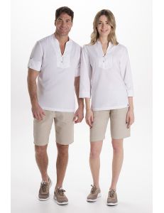 Camisa blanca unisex botón madera