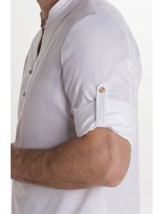 Camisa blanca unisex botón madera