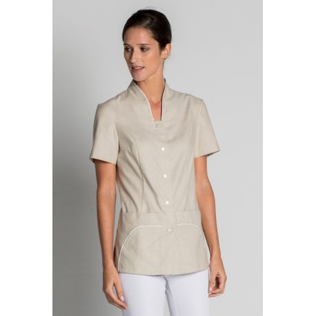 Chaqueta para sanidad, estética y comercio escote alto beige Dyneke